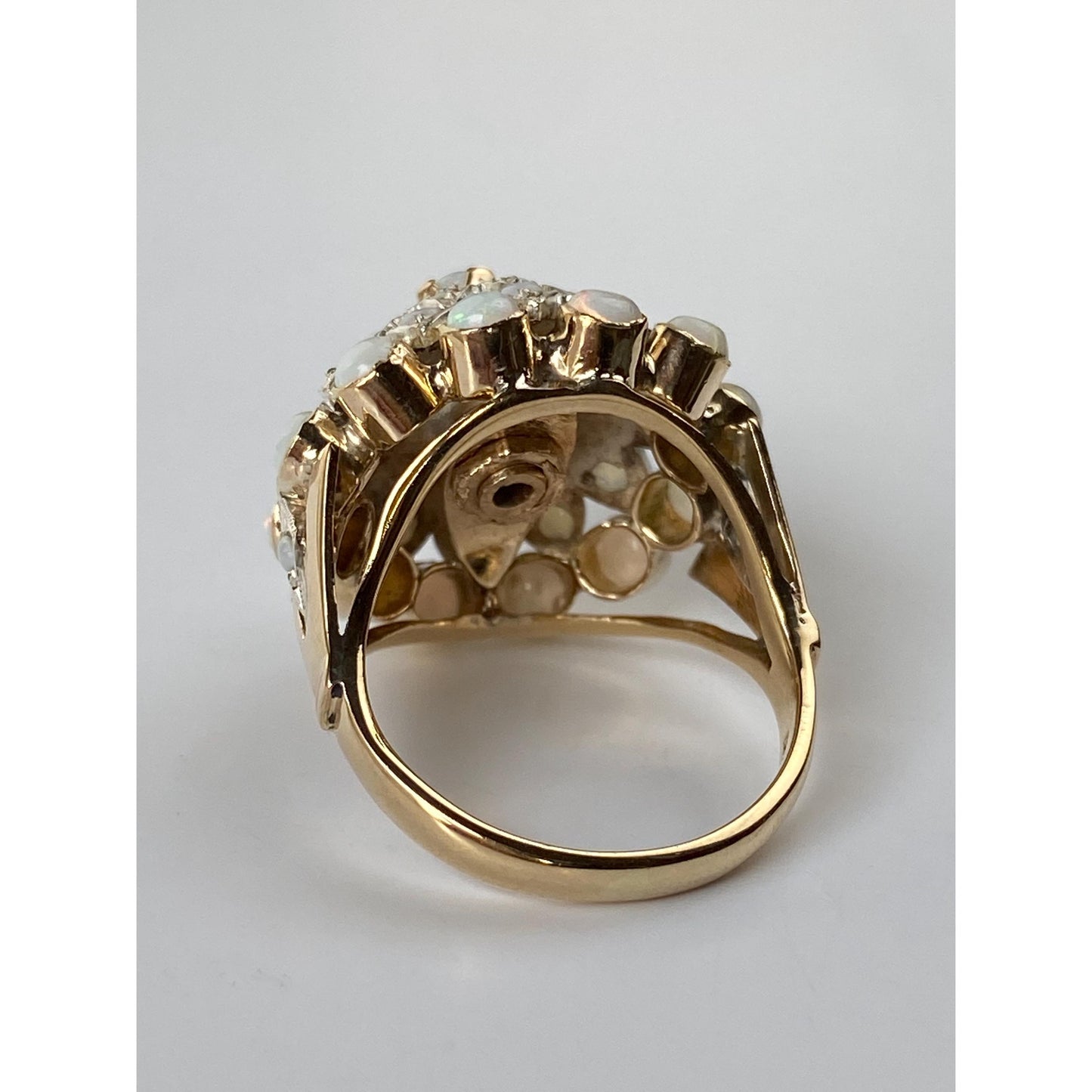 Vintage Solid 14k White & Yellow Gold Opal Halo Cocktail Ring - Size 6.5