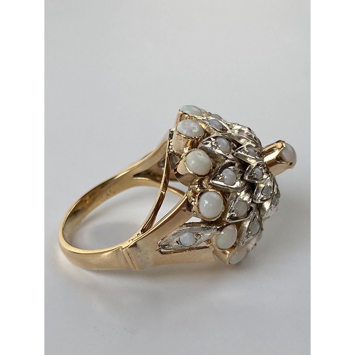 Vintage Solid 14k White & Yellow Gold Opal Halo Cocktail Ring - Size 6.5