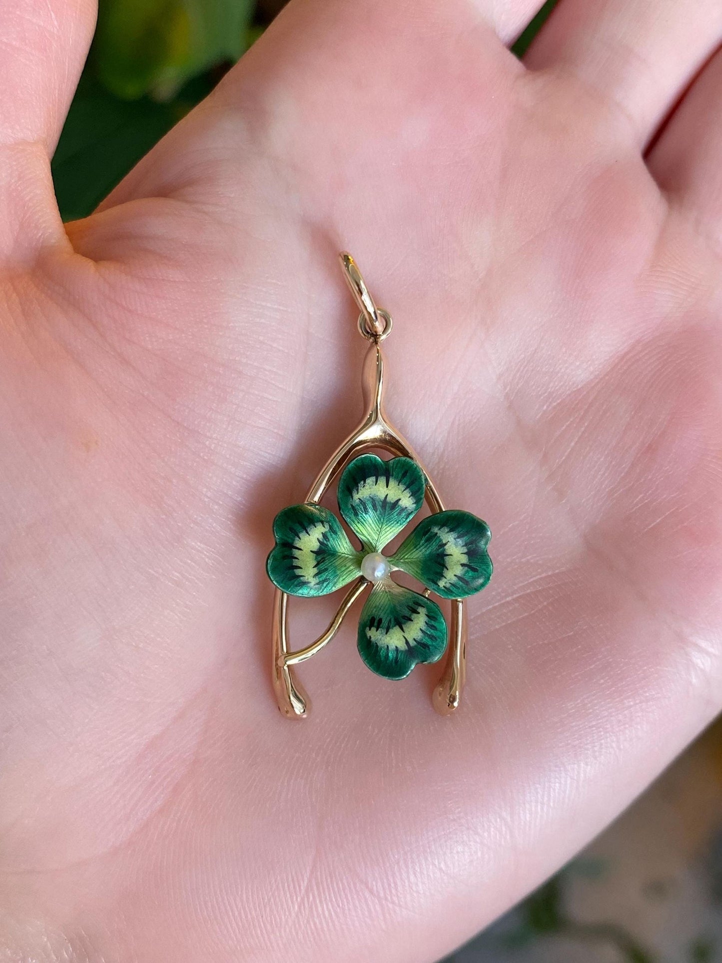 Vintage Solid 14k Yellow Gold Enamel Pearl 4 Leaf Clover Wishbone Charm