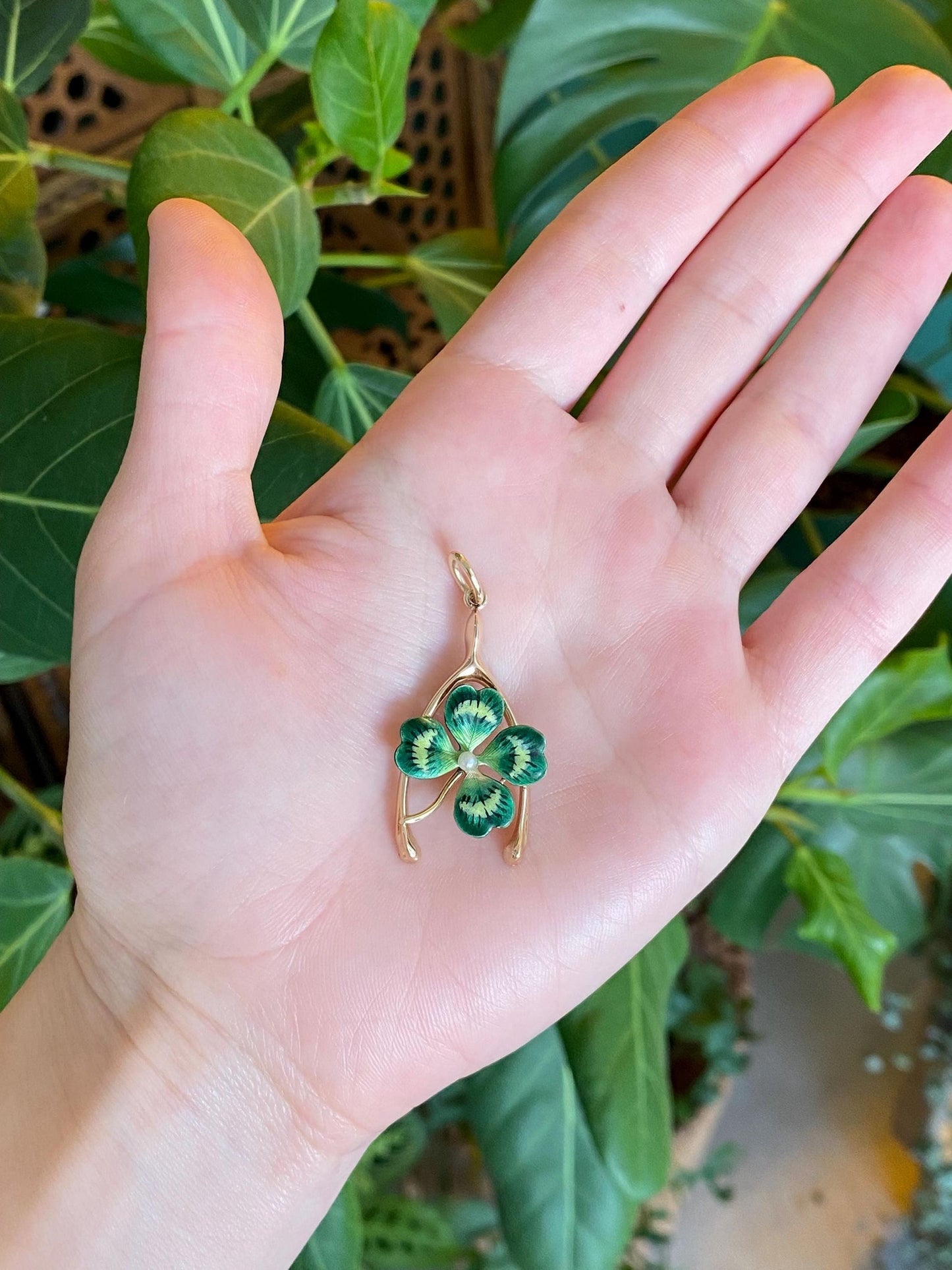 Vintage Solid 14k Yellow Gold Enamel Pearl 4 Leaf Clover Wishbone Charm