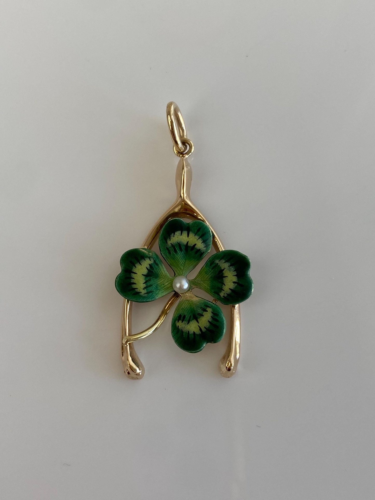 Vintage Solid 14k Yellow Gold Enamel Pearl 4 Leaf Clover Wishbone Charm