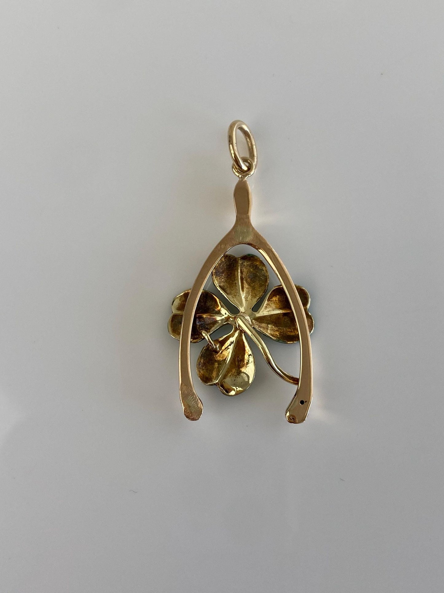 Vintage Solid 14k Yellow Gold Enamel Pearl 4 Leaf Clover Wishbone Charm