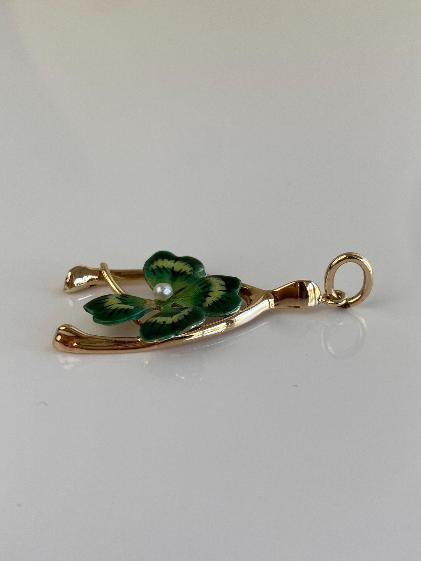 Vintage Solid 14k Yellow Gold Enamel Pearl 4 Leaf Clover Wishbone Charm
