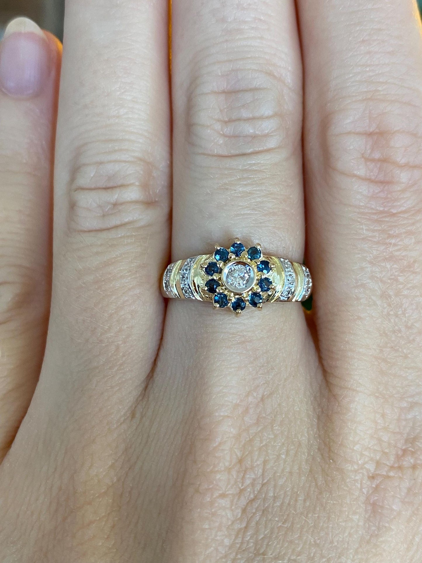 Solid 14k White & Yellow Gold Blue Sapphire Halo Diamond Ring - Size 6.5