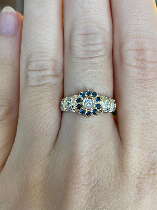 Solid 14k White & Yellow Gold Blue Sapphire Halo Diamond Ring - Size 6.5