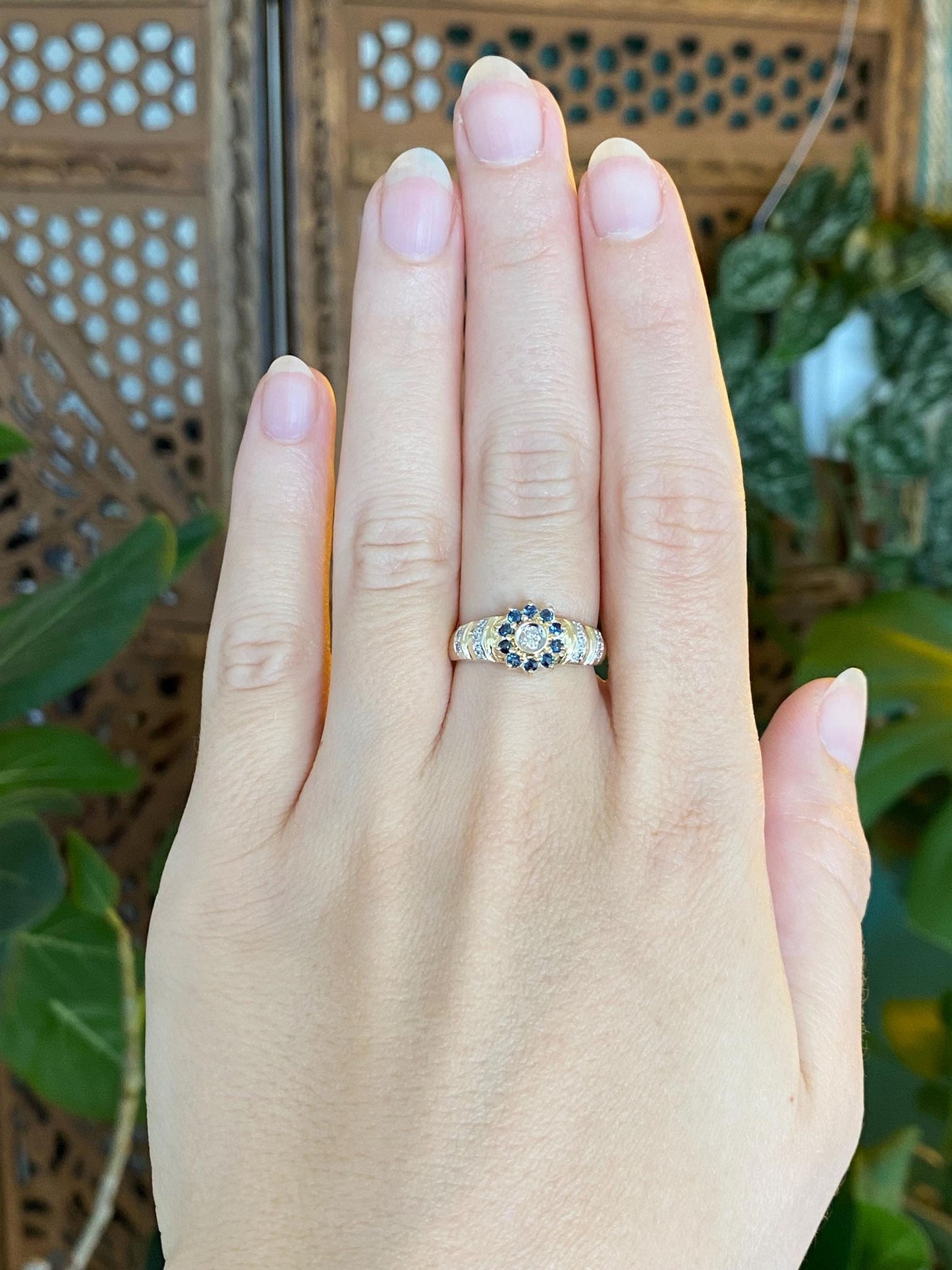 Solid 14k White & Yellow Gold Blue Sapphire Halo Diamond Ring - Size 6.5