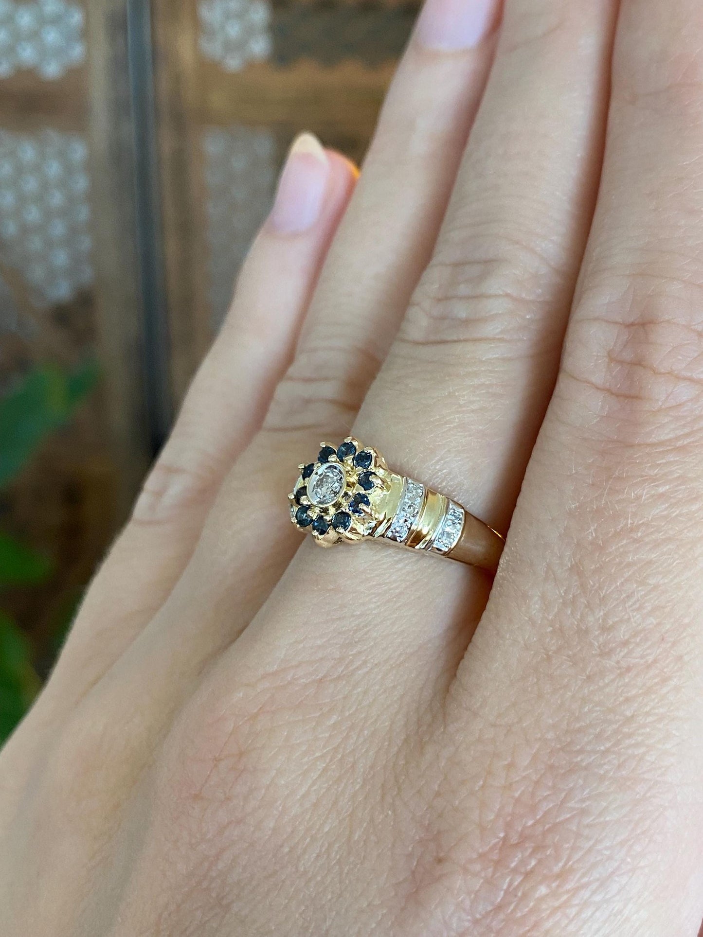 Solid 14k White & Yellow Gold Blue Sapphire Halo Diamond Ring - Size 6.5