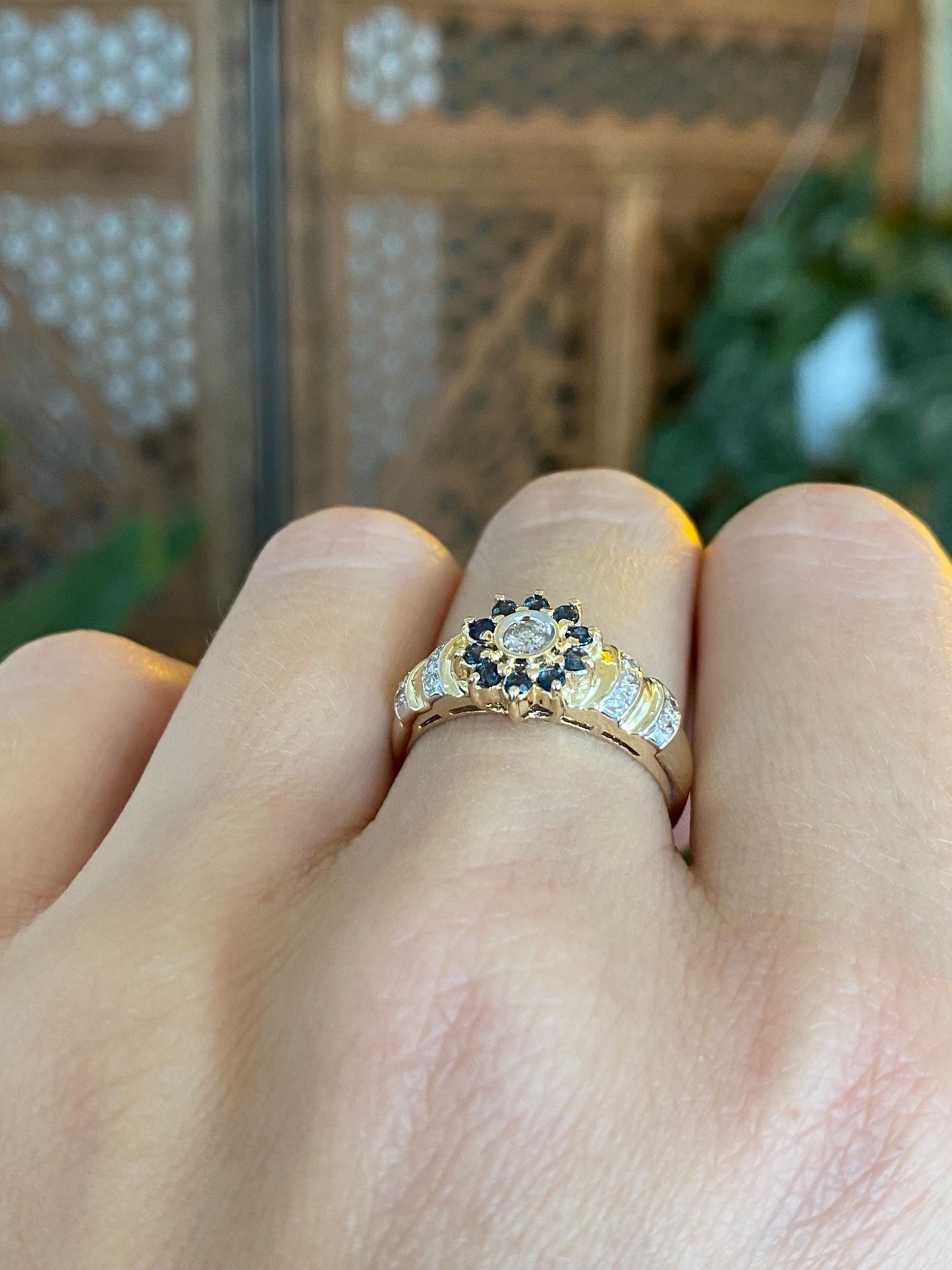 Solid 14k White & Yellow Gold Blue Sapphire Halo Diamond Ring - Size 6.5