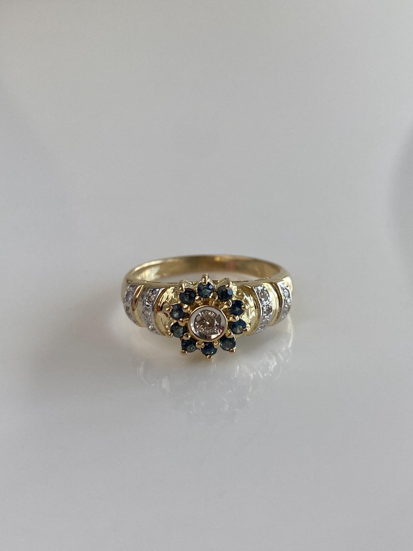 Solid 14k White & Yellow Gold Blue Sapphire Halo Diamond Ring - Size 6.5