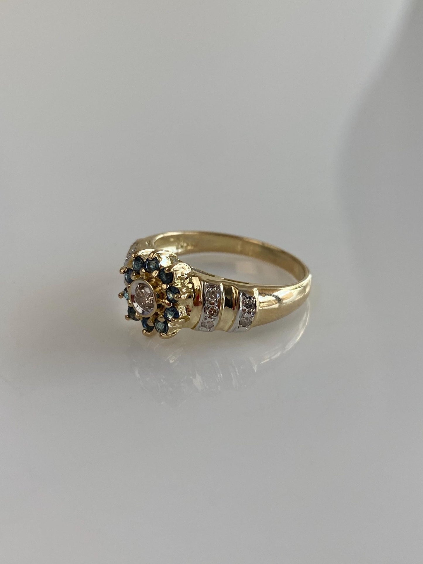 Solid 14k White & Yellow Gold Blue Sapphire Halo Diamond Ring - Size 6.5
