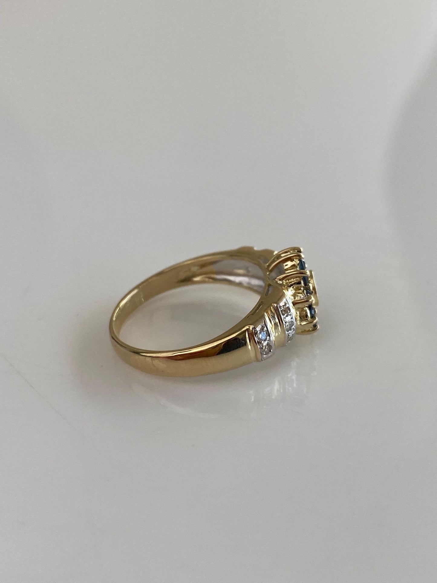 Solid 14k White & Yellow Gold Blue Sapphire Halo Diamond Ring - Size 6.5