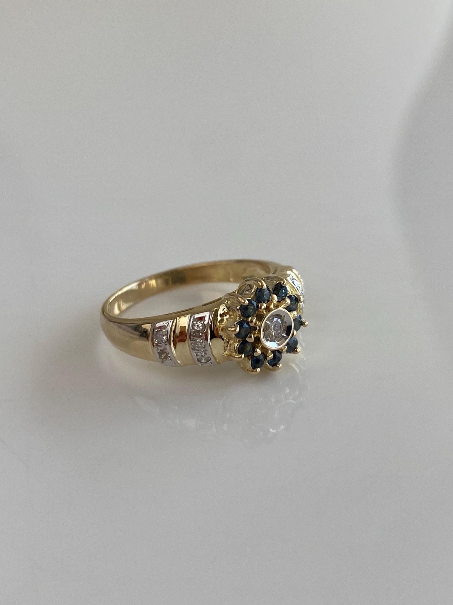 Solid 14k White & Yellow Gold Blue Sapphire Halo Diamond Ring - Size 6.5