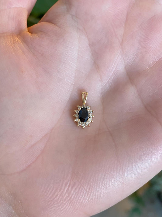 Vintage Solid 14k Yellow Gold Diamond Halo Blue Sapphire Charm