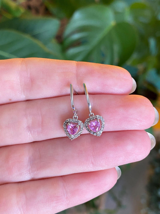 Vintage Solid 10k White Gold Diamond Halo Pink Sapphire Heart Dangle Half Hoop Earrings