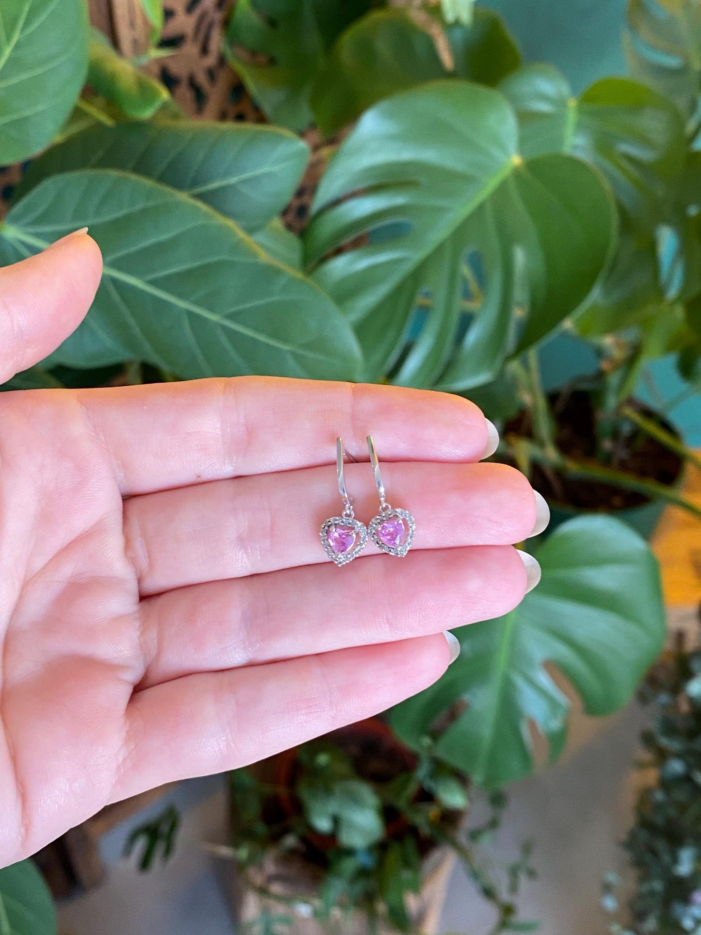 Vintage Solid 10k White Gold Diamond Halo Pink Sapphire Heart Dangle Half Hoop Earrings
