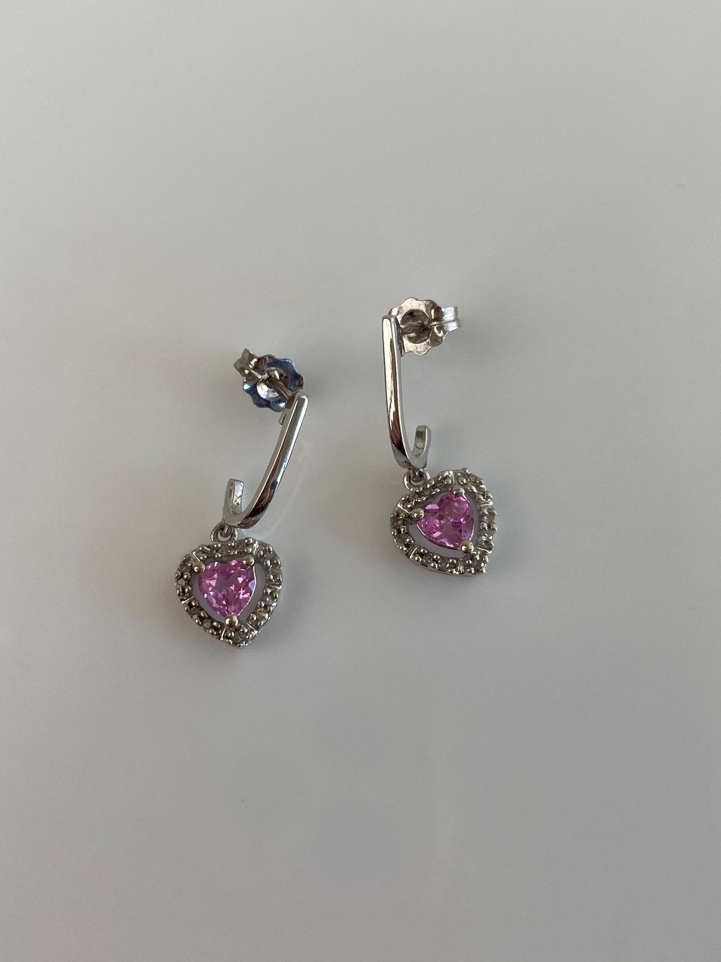 Vintage Solid 10k White Gold Diamond Halo Pink Sapphire Heart Dangle Half Hoop Earrings