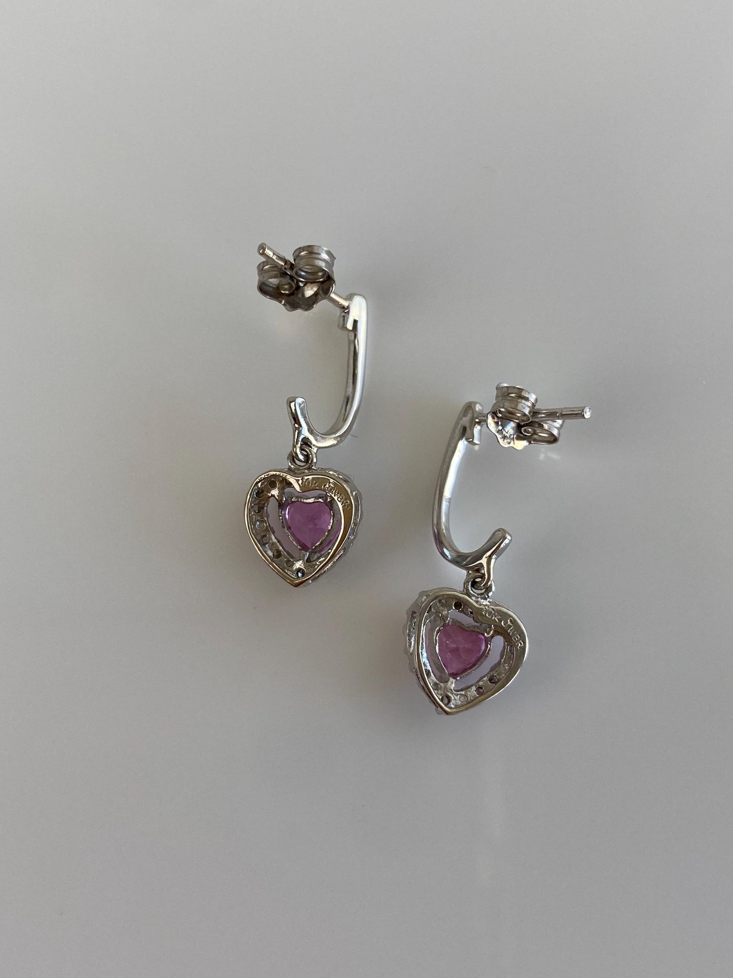 Vintage Solid 10k White Gold Diamond Halo Pink Sapphire Heart Dangle Half Hoop Earrings