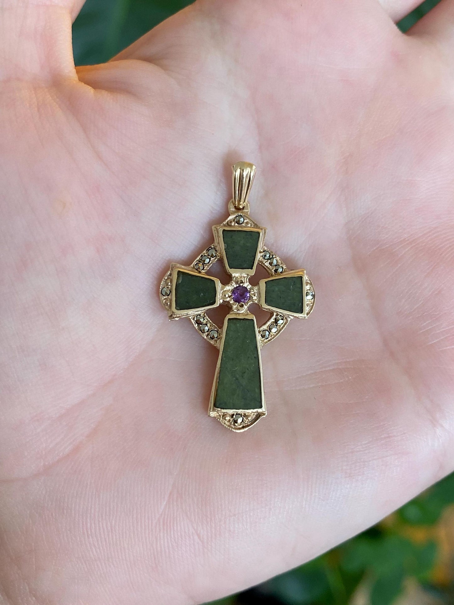 Vintage Solid 9k Yellow Gold Hematite Amethyst Nephrite Celtic Cross Charm
