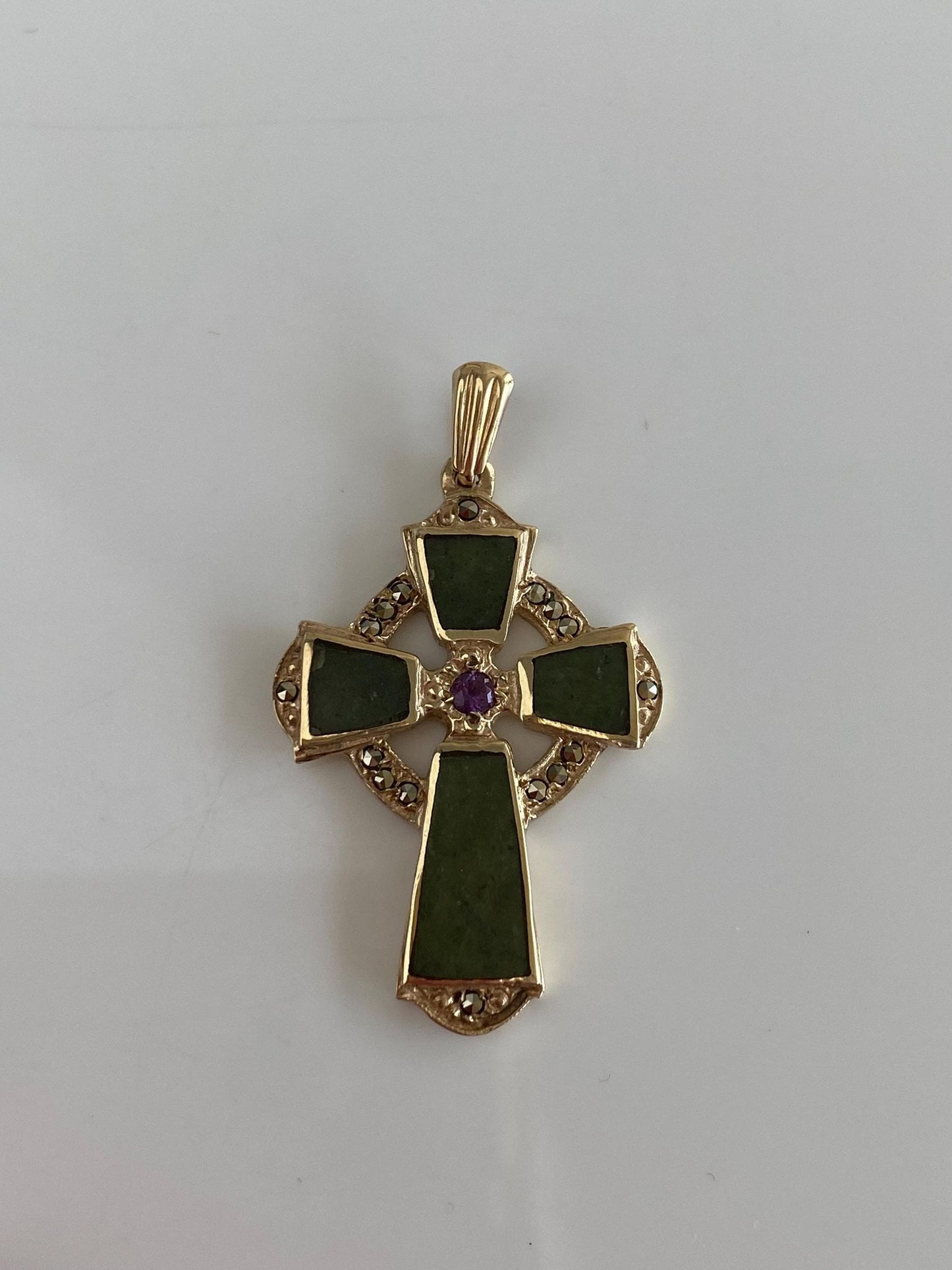 Vintage Solid 9k Yellow Gold Hematite Amethyst Nephrite Celtic Cross Charm