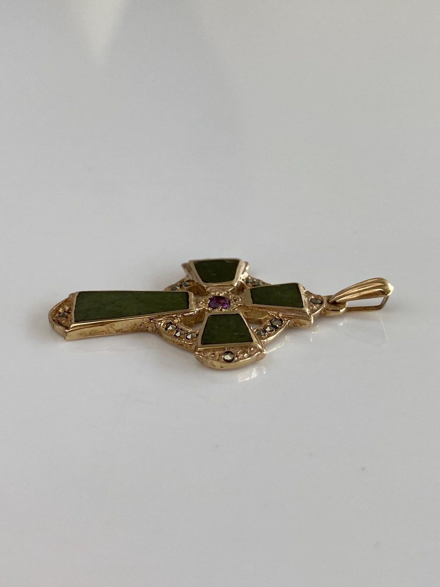 Vintage Solid 9k Yellow Gold Hematite Amethyst Nephrite Celtic Cross Charm