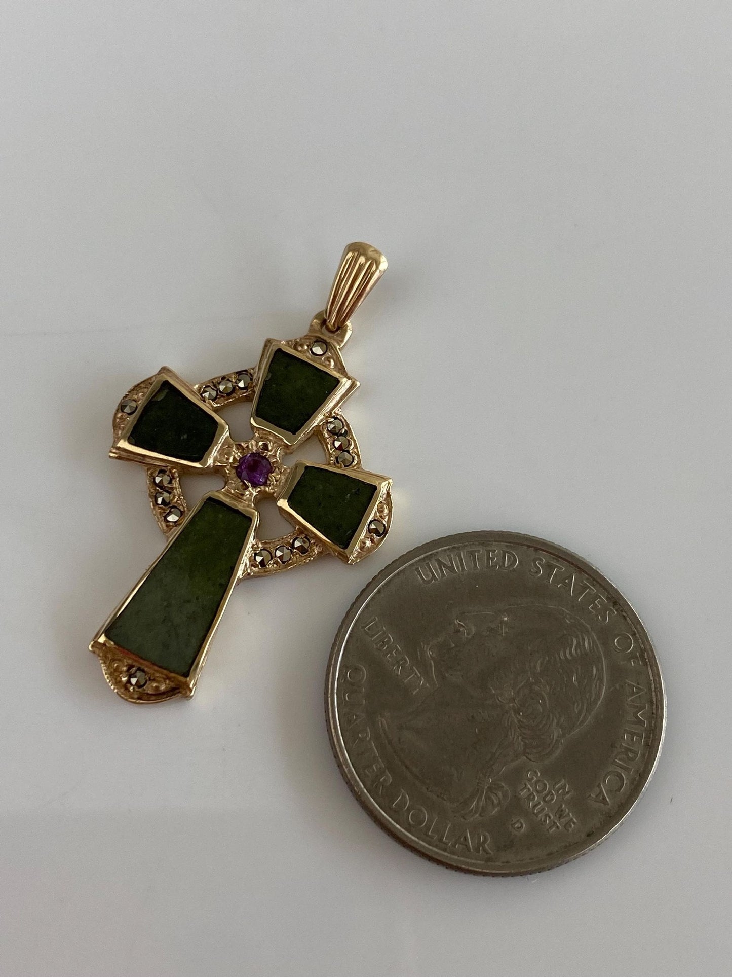 Vintage Solid 9k Yellow Gold Hematite Amethyst Nephrite Celtic Cross Charm