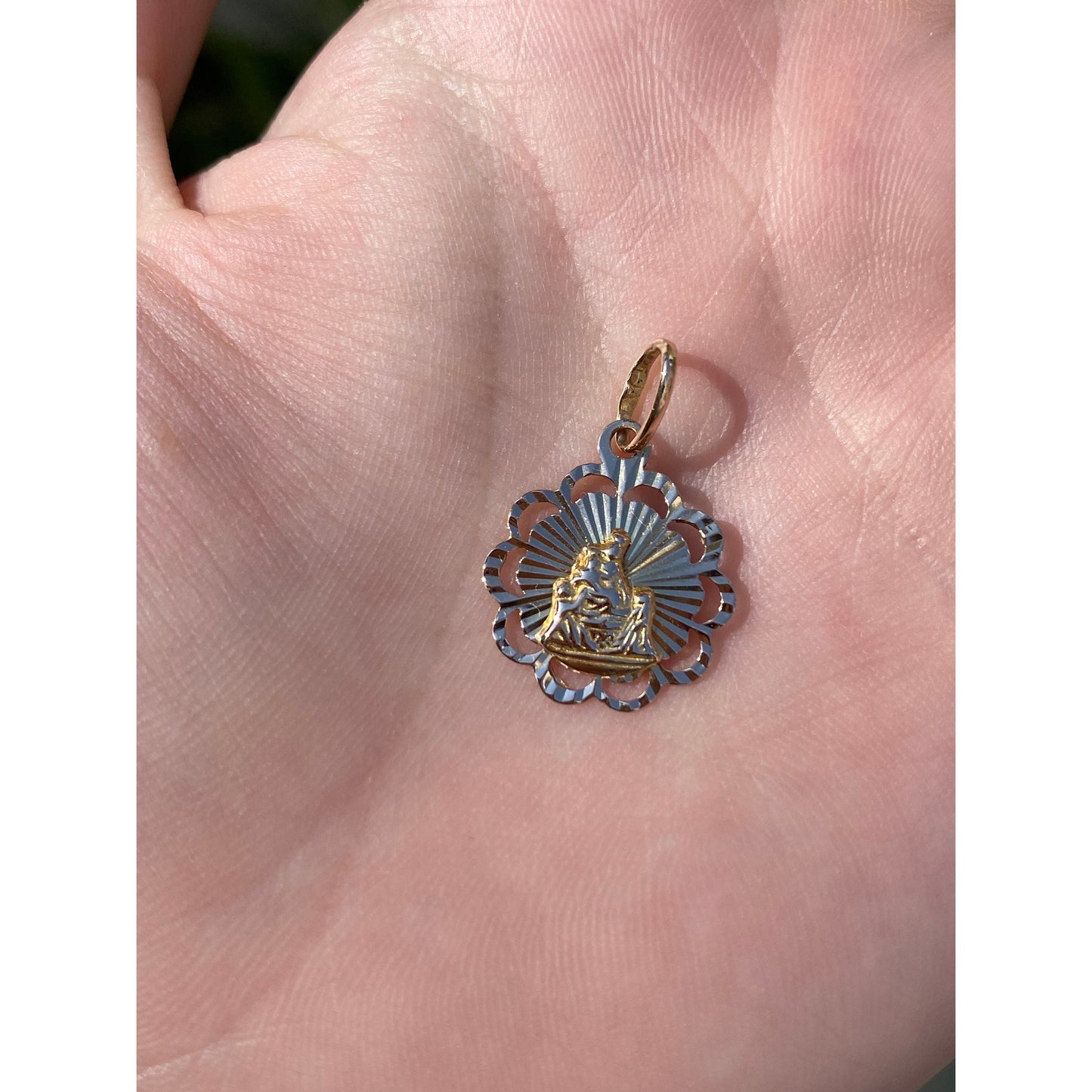 Solid 18k Rosey Gold Engine Turned Religious Charm