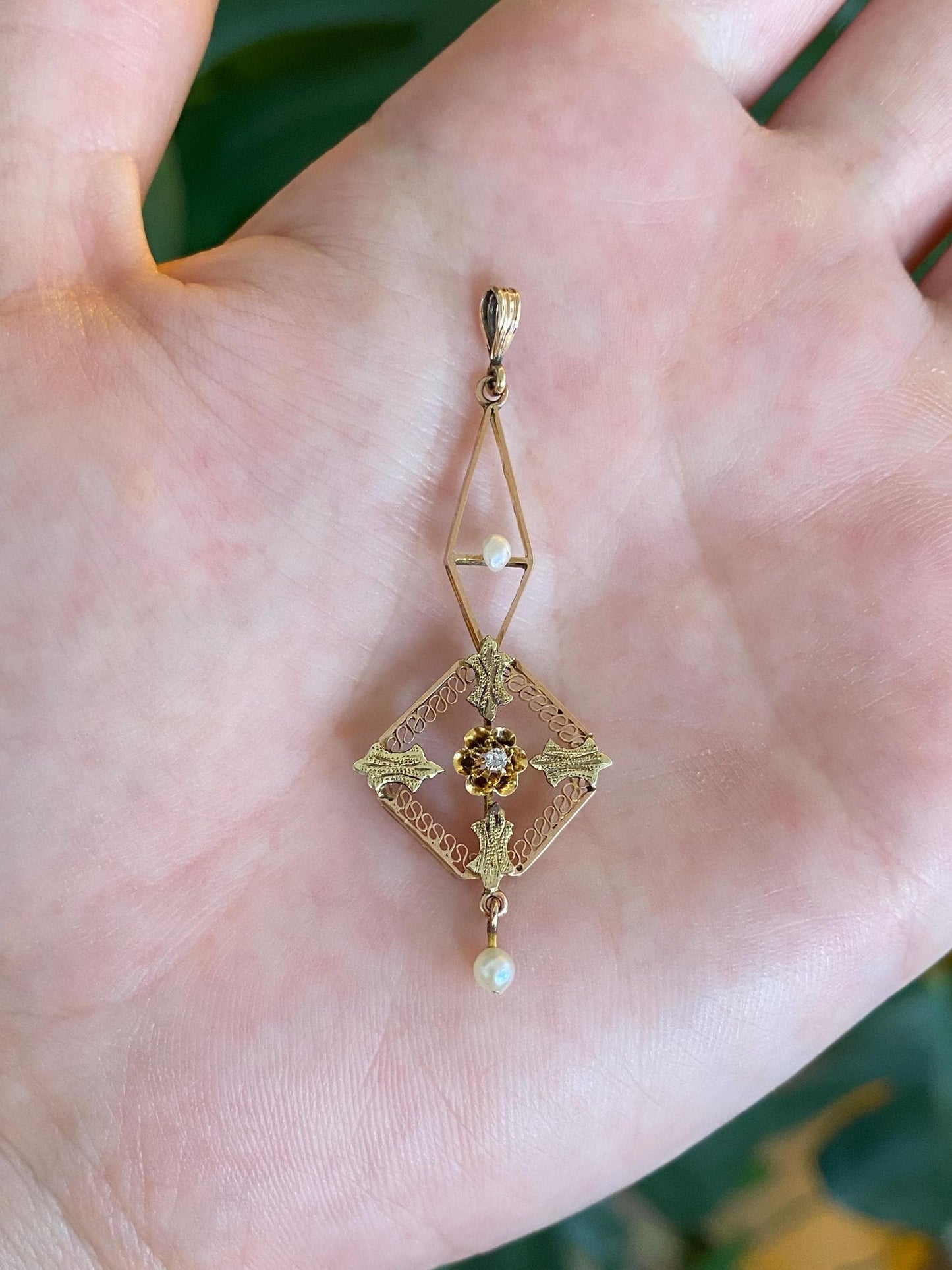 Solid 9k Multi Tone Gold Diamond Pearls Charm