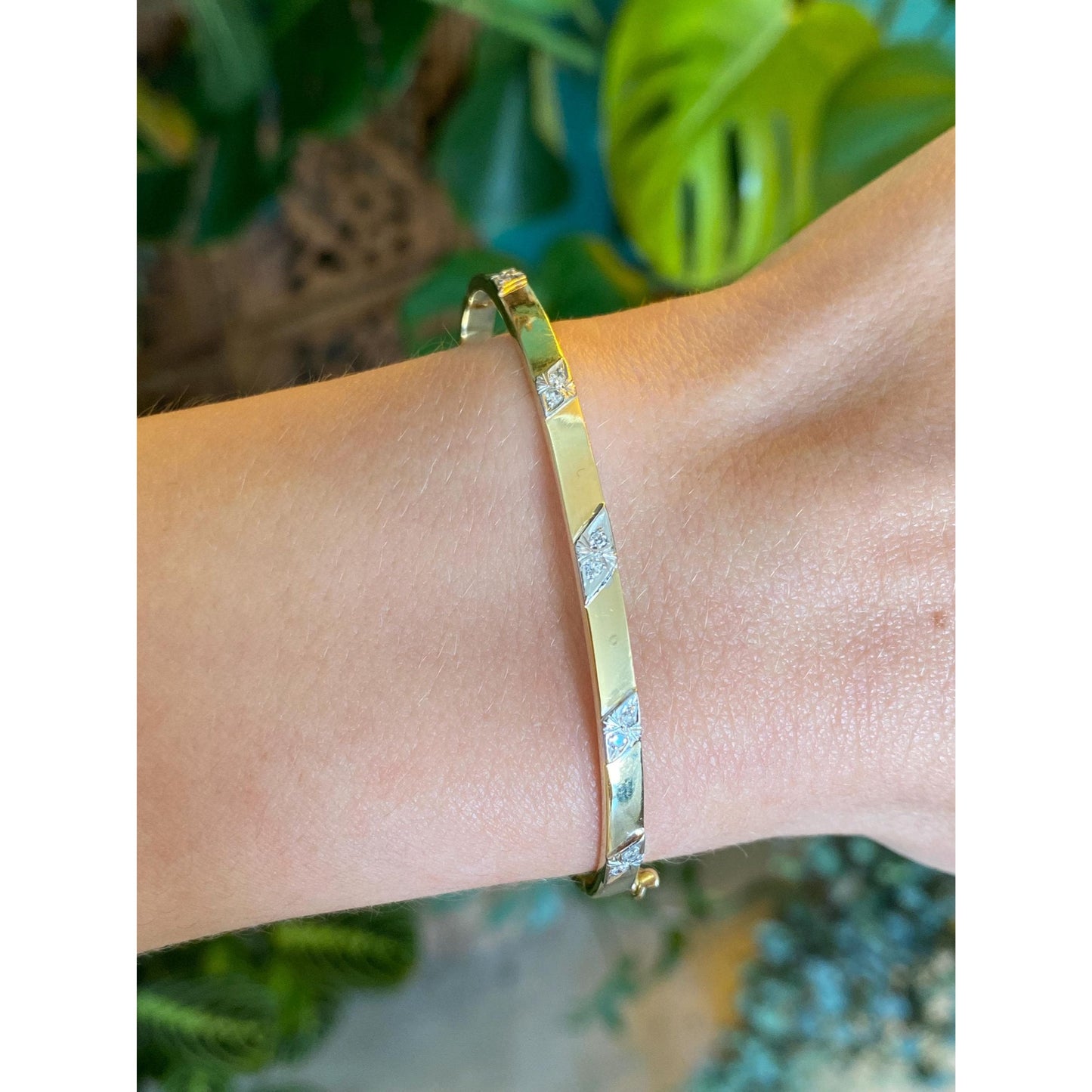 Vintage Solid 14k White &. Yellow Gold Diamond Bangle Bracelet