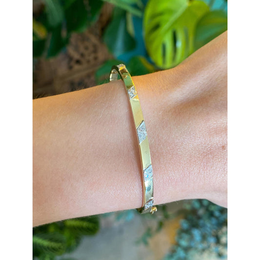 Vintage Solid 14k White &. Yellow Gold Diamond Bangle Bracelet