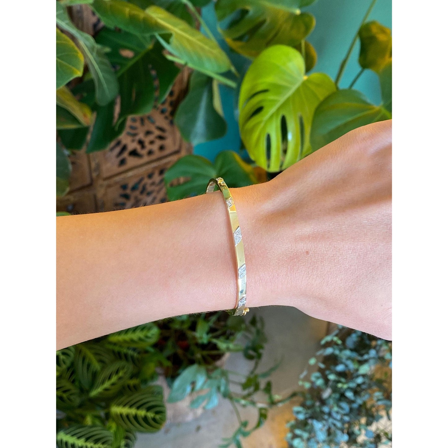 Vintage Solid 14k White &. Yellow Gold Diamond Bangle Bracelet