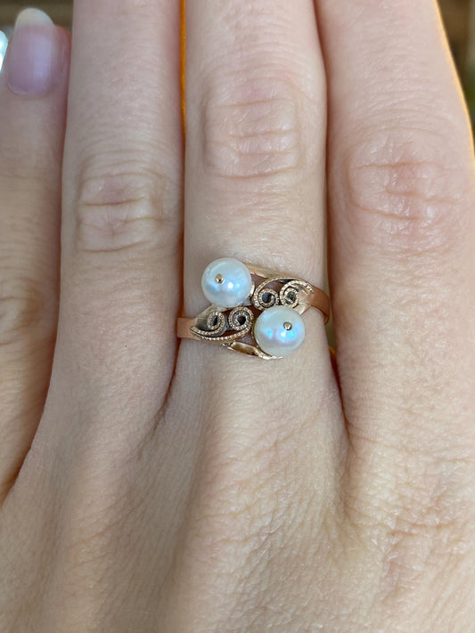 Vintage Solid 14k Rosey Gold Filigree Pearls Ring - Size 6.5