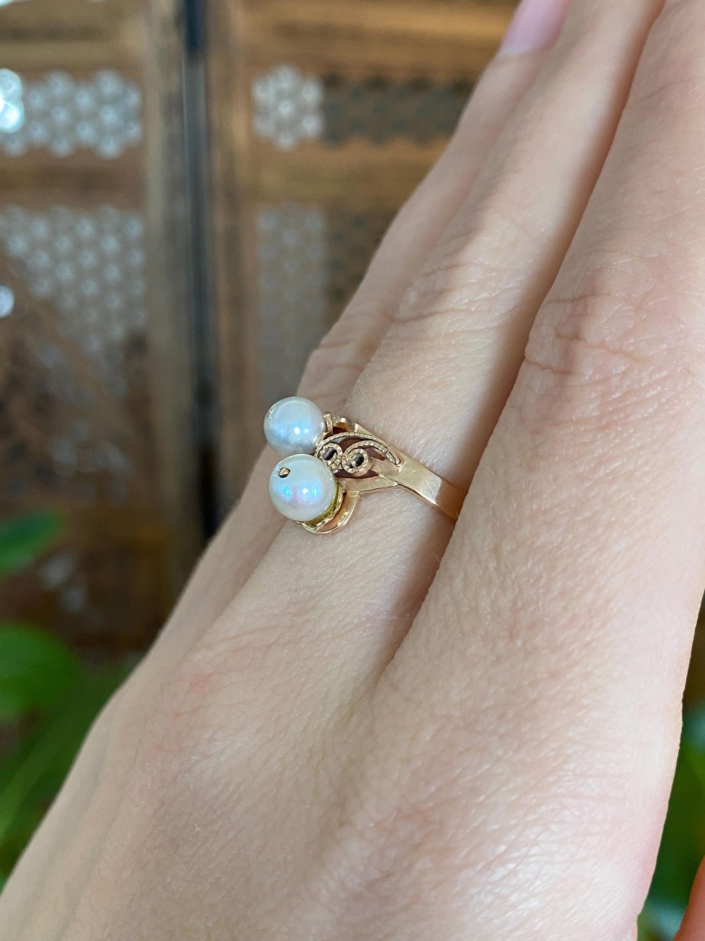 Vintage Solid 14k Rosey Gold Filigree Pearls Ring - Size 6.5