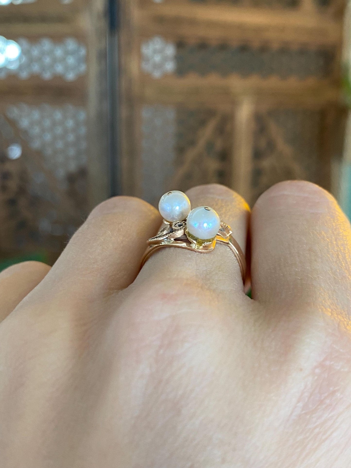 Vintage Solid 14k Rosey Gold Filigree Pearls Ring - Size 6.5