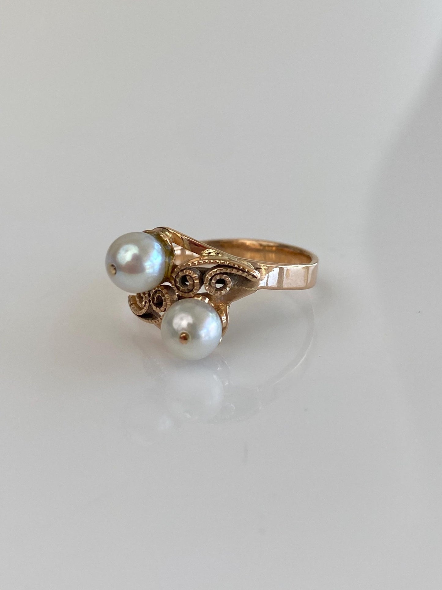 Vintage Solid 14k Rosey Gold Filigree Pearls Ring - Size 6.5
