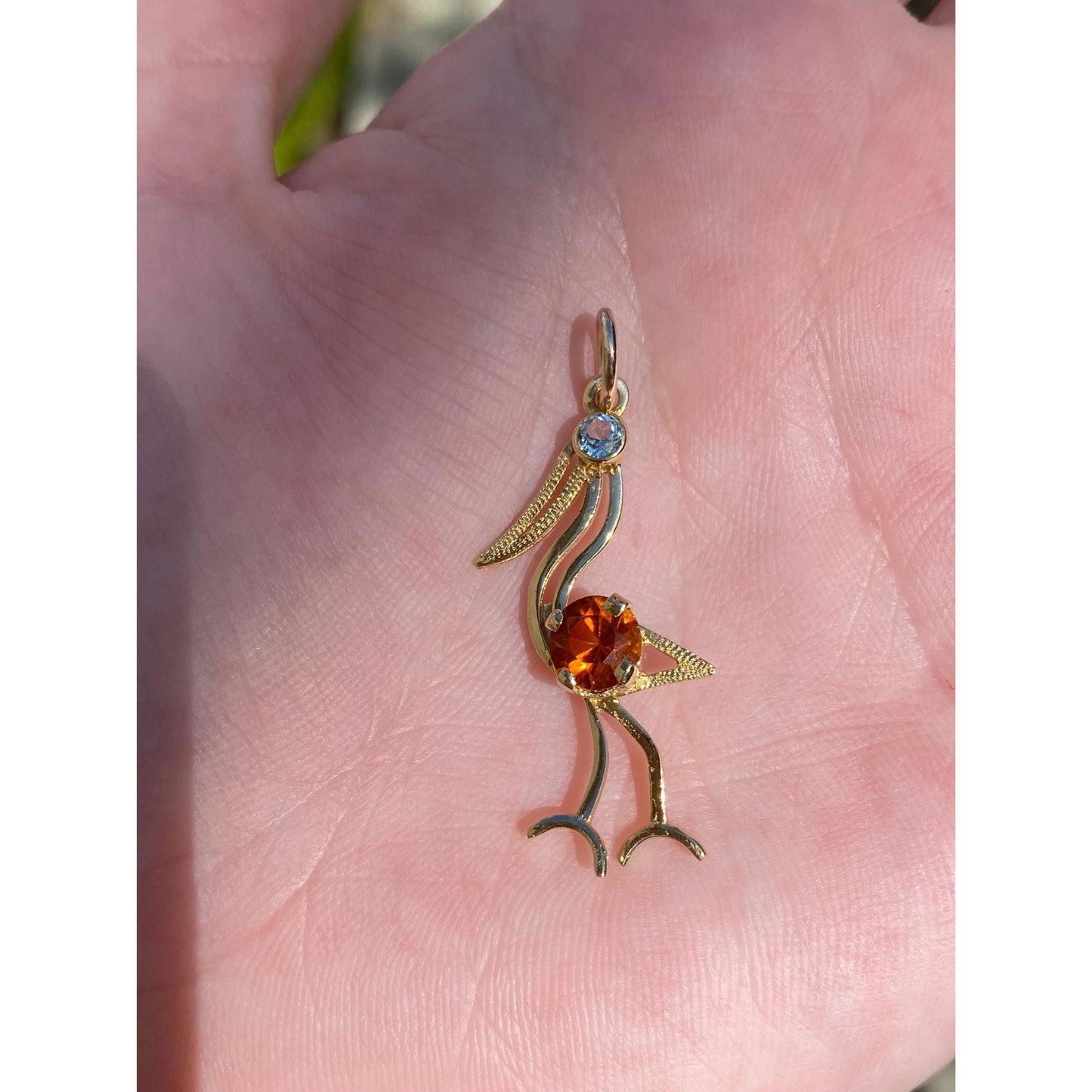 Vintage Solid 18k Yellow Gold Citrine Aquamarine Flamingo Pelican Bird Charm