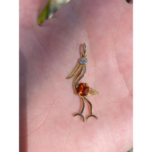 Vintage Solid 18k Yellow Gold Citrine Aquamarine Flamingo Pelican Bird Charm