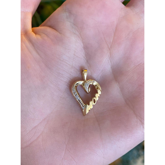 Solid 10k White & Yellow Gold Diamond Mom Heart Charm