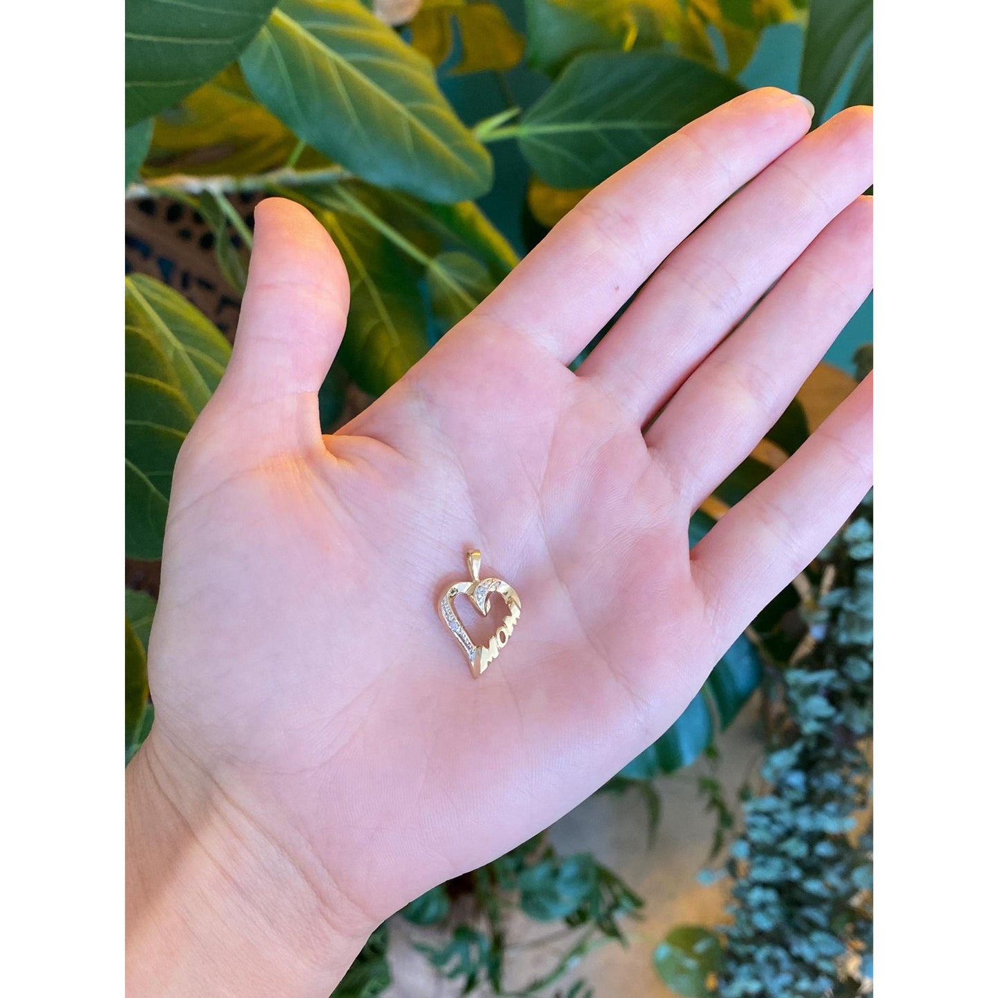 Solid 10k White & Yellow Gold Diamond Mom Heart Charm