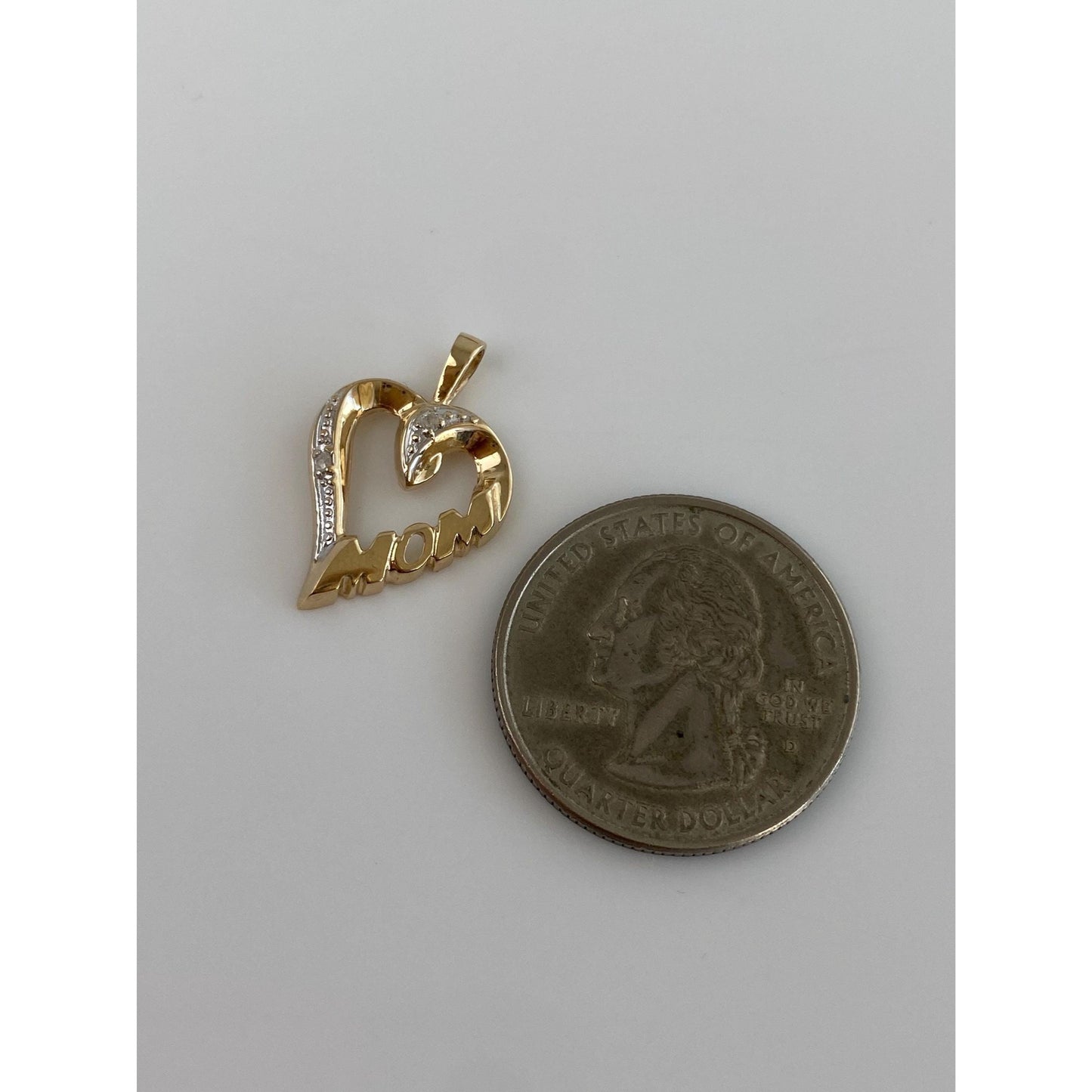 Solid 10k White & Yellow Gold Diamond Mom Heart Charm