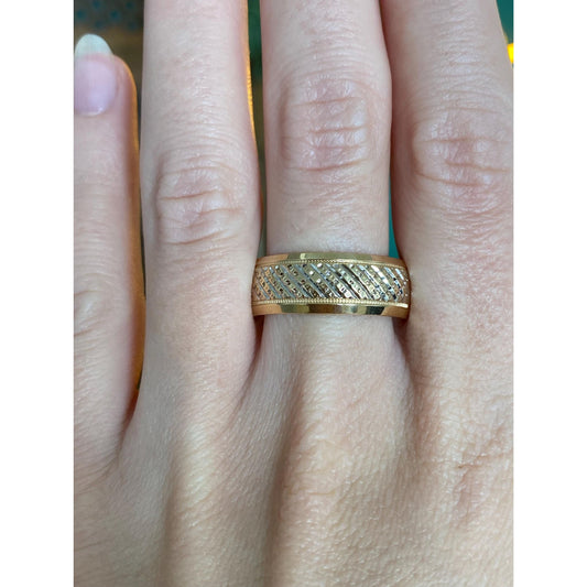 Vintage Solid 14k Yellow Gold Diamond Cut Textured Ring Band - Size 10.75