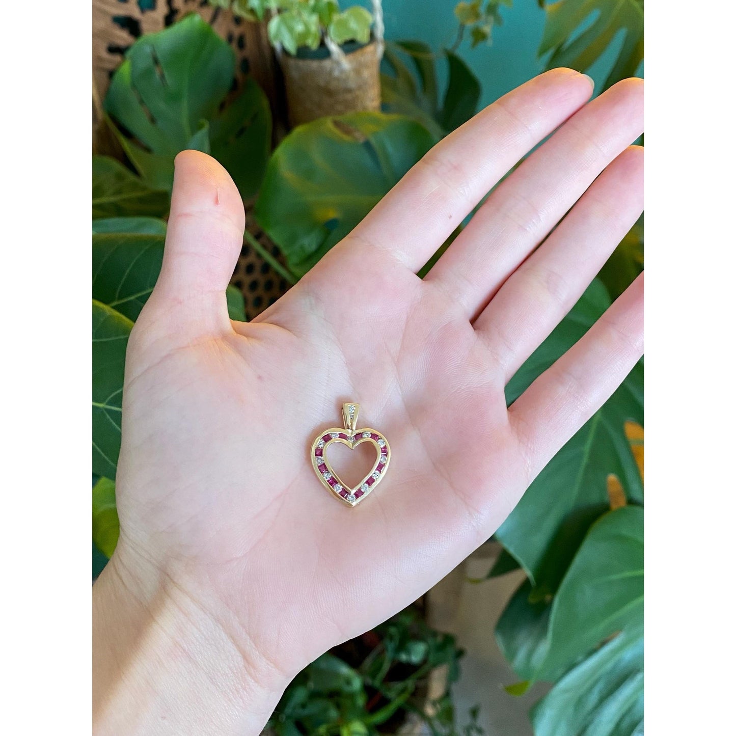 Vintage Solid 14k Yellow Gold Diamond Pink Sapphire Heart Charm