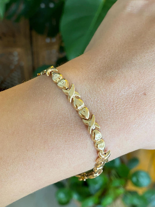 Vintage 10k Yellow Gold Heart X Link Bracelet - 7.25 inches