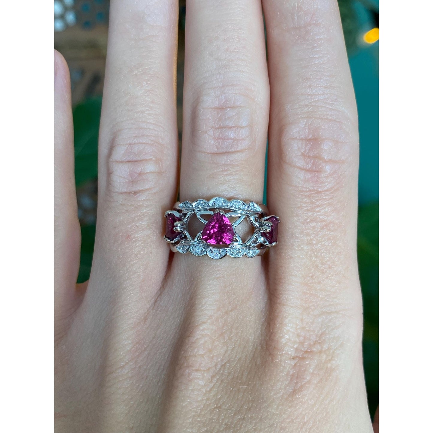 Vintage Solid 14k White Gold Diamond Pink Tourmaline Ring Band - Size 6.5