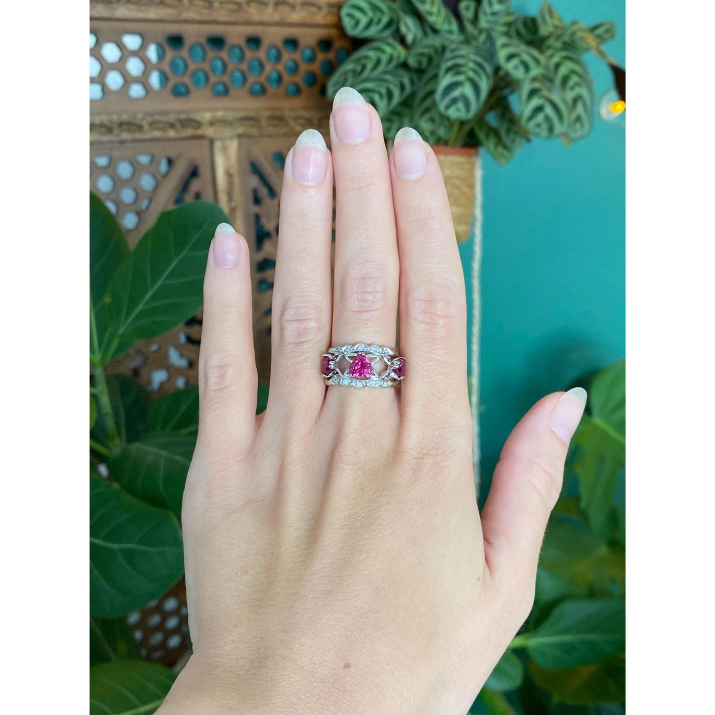 Vintage Solid 14k White Gold Diamond Pink Tourmaline Ring Band - Size 6.5
