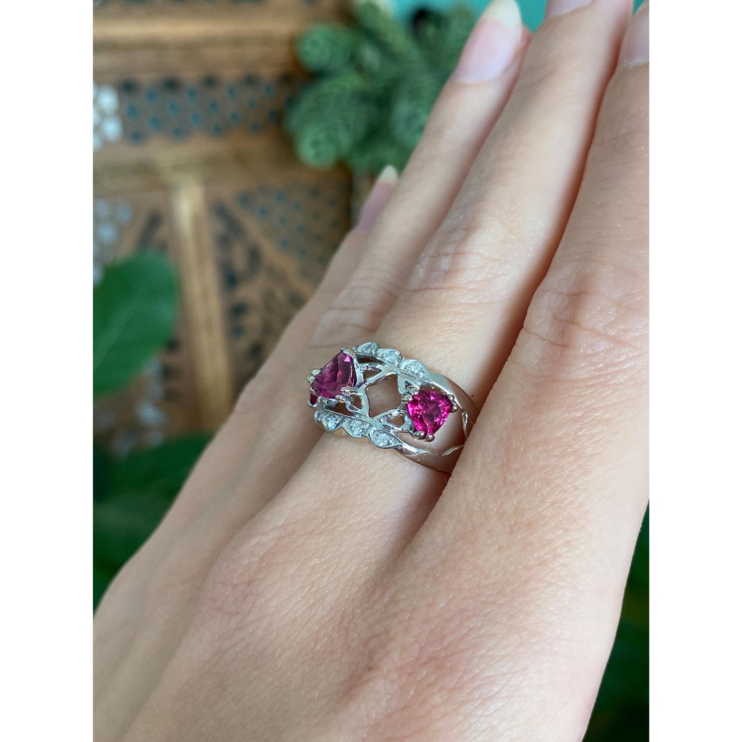 Vintage Solid 14k White Gold Diamond Pink Tourmaline Ring Band - Size 6.5