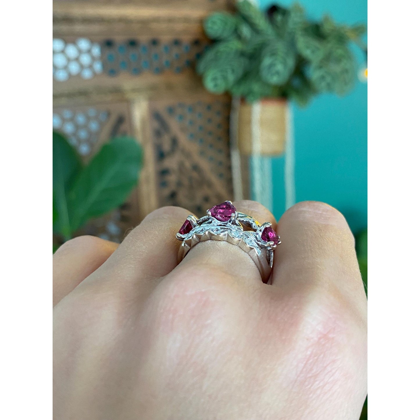 Vintage Solid 14k White Gold Diamond Pink Tourmaline Ring Band - Size 6.5