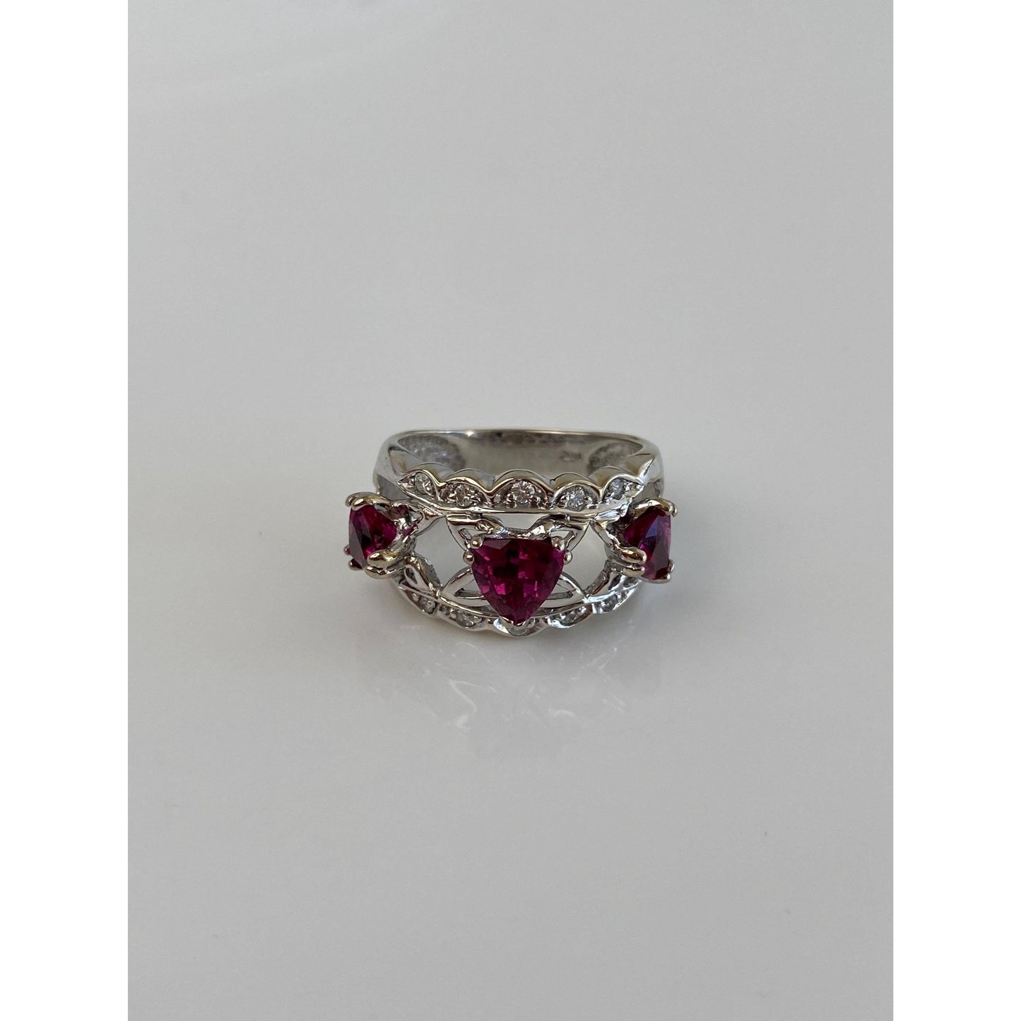 Vintage Solid 14k White Gold Diamond Pink Tourmaline Ring Band - Size 6.5