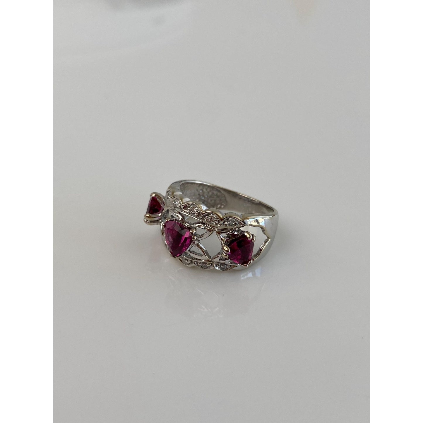 Vintage Solid 14k White Gold Diamond Pink Tourmaline Ring Band - Size 6.5