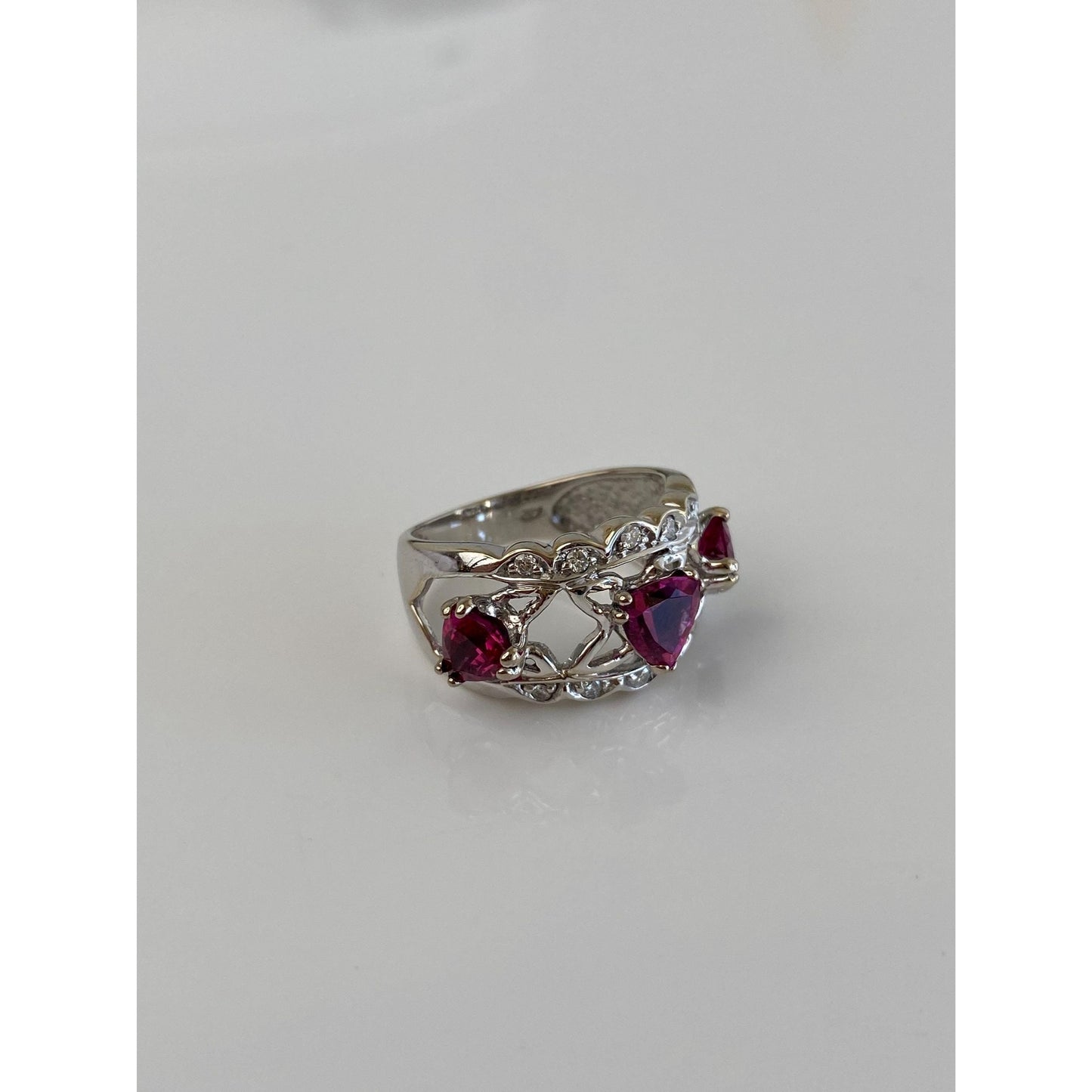 Vintage Solid 14k White Gold Diamond Pink Tourmaline Ring Band - Size 6.5