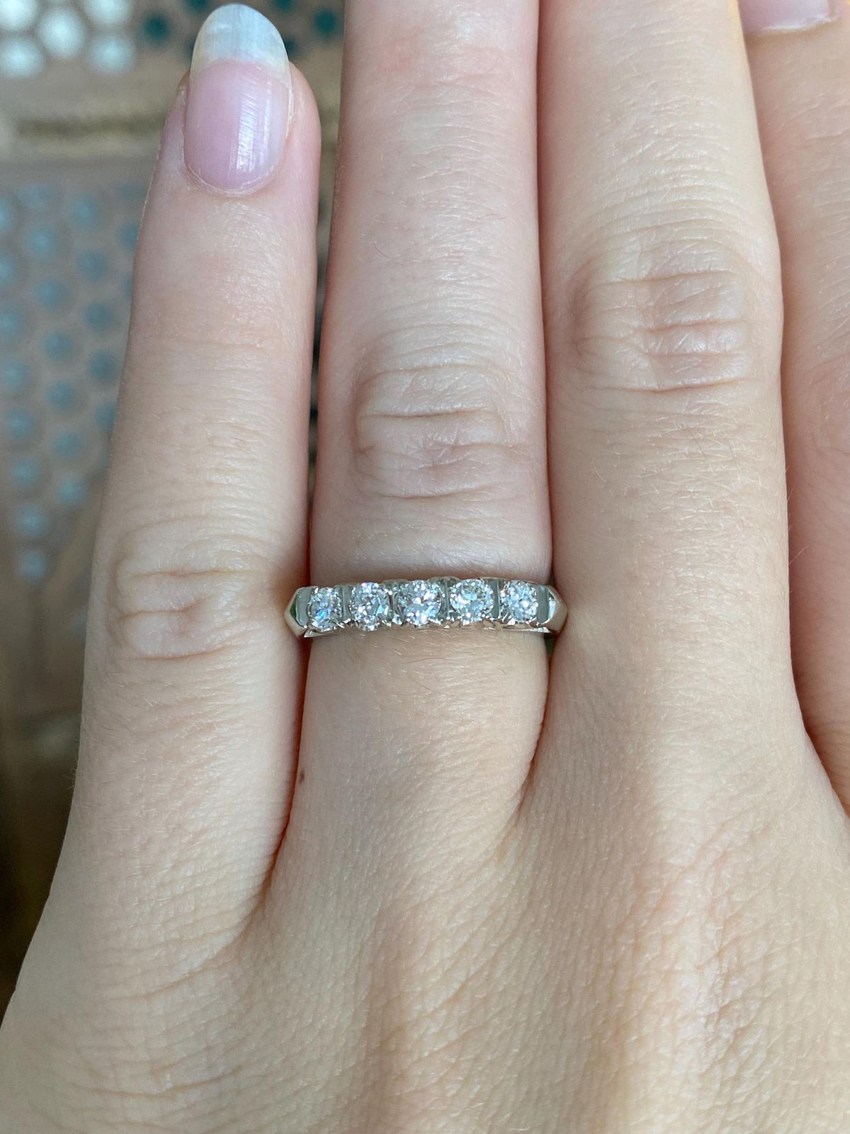 Vintage Solid 14k White Gold Diamond Row Ring - Size 5.5
